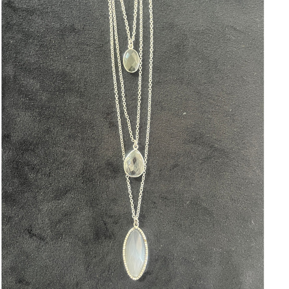 LOFT Signed Three Tier Silvertone Necklace with Teardrop Gems - Picture 3 of 4
